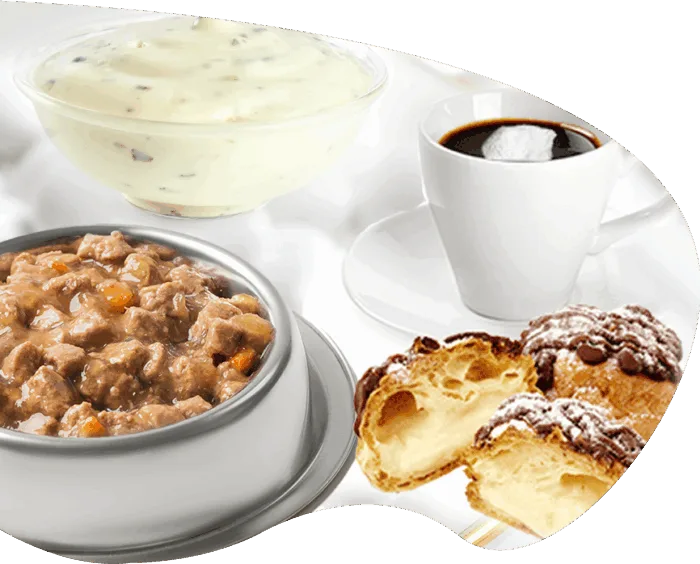 dog food, cream puffs and white sauce