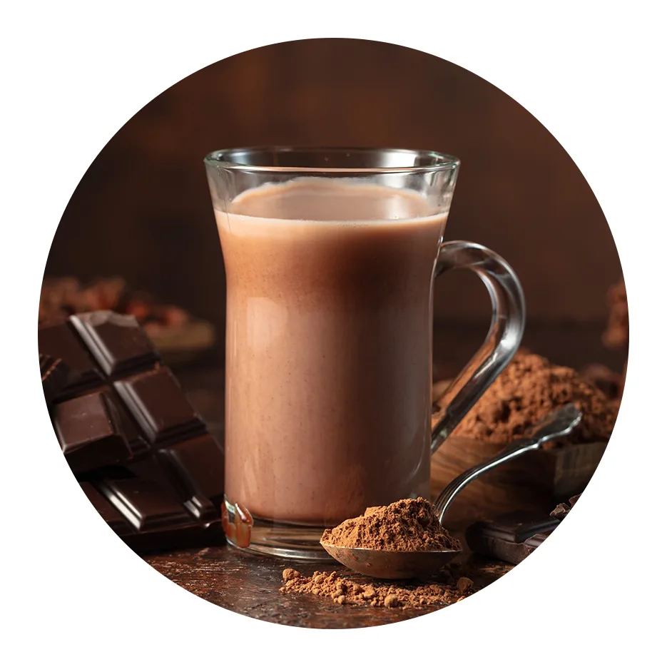 chocolate milk and chocolate powder on brown background