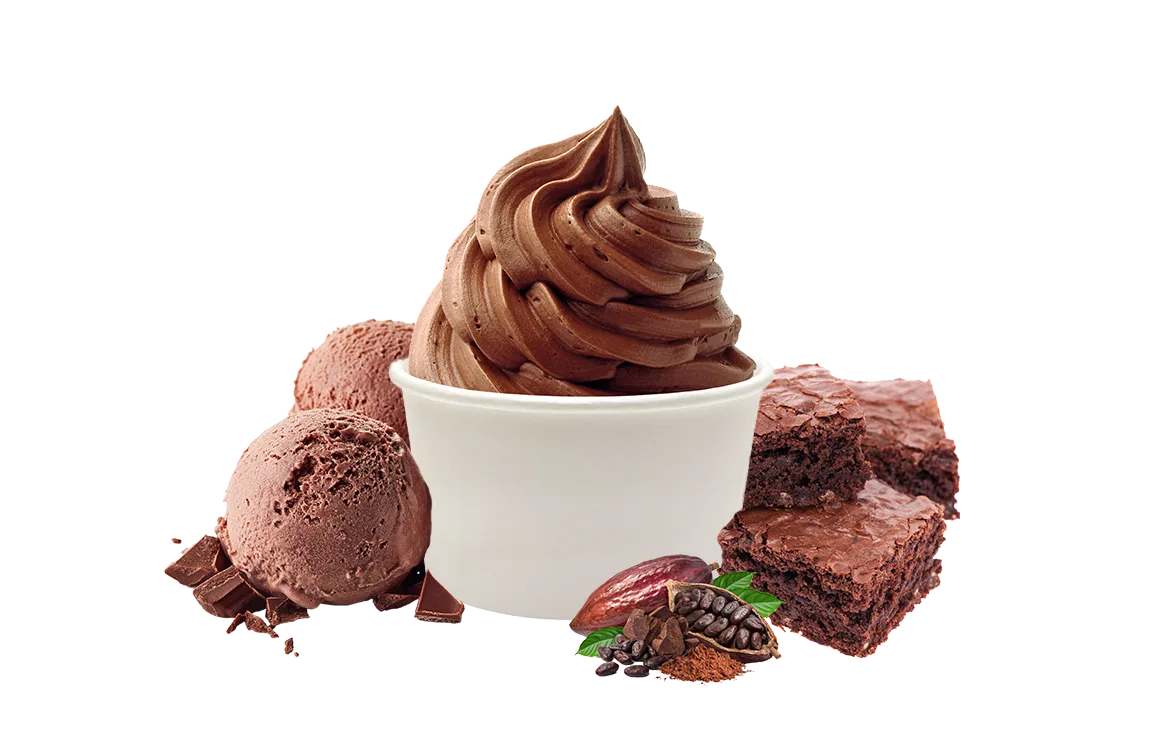 chocolate ice cream, soft serve and brownies with cocoa bean